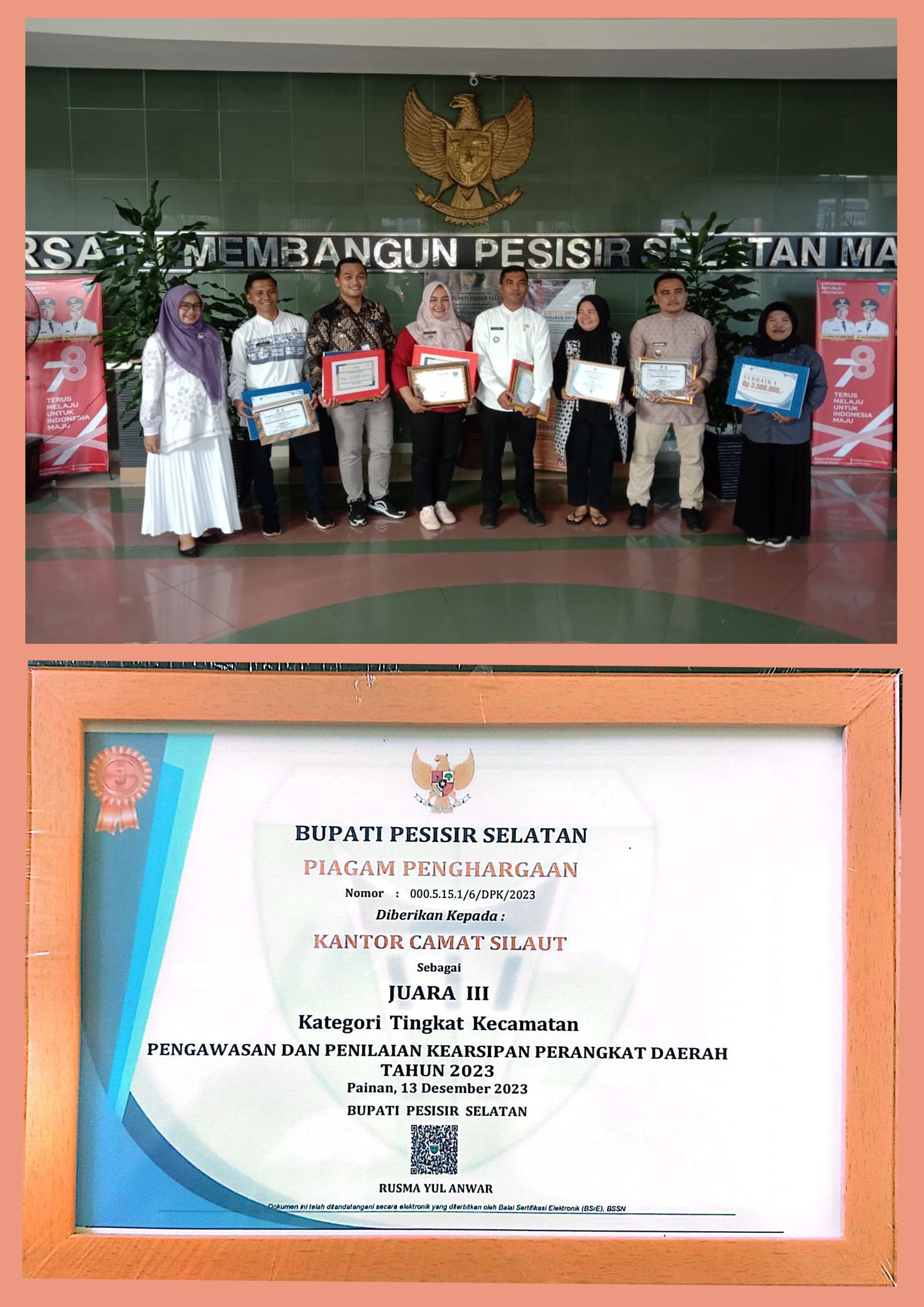 Kecamatan Silaut : Penghargaan Pengawasan dan Penilaian Kearsipan Perangkat Daerah Tahun 2023